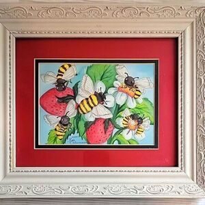 Bee and Strawberry Art in Ornate Frame
